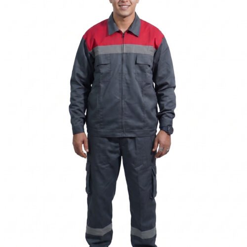 Blouson et pantalon gris et rouge